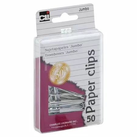 Charles Leonard Clips - Paper - Reusable Box - Jumbo Nickel Plated - 50/Box