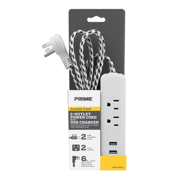 Prime 2-Outlet 2-Port 2.1AMP USB Power Strip w/6ft Accent Cord White