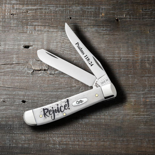 Case Religious Sayings Rejoice Embellished Smooth Natural Bone Mini Trapper