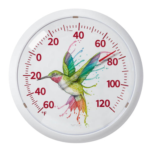 Taylor Round Dial Rainbow Droplets Hummingbird Thermometer