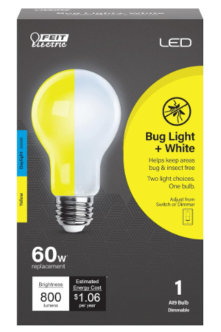 Feit Electric A19 Outdoor LED Bug Light, 60-Watt Equivalent, Dimmable, E26 Base, 800 Lumens, Color Selectable, 13 Years Lifetime