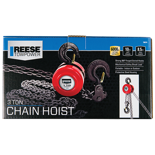 Reese Towpower Chain Hoist, 3 Ton Capacity, 10 Foot Lift Chain, 8.5 Foot Pull Chain