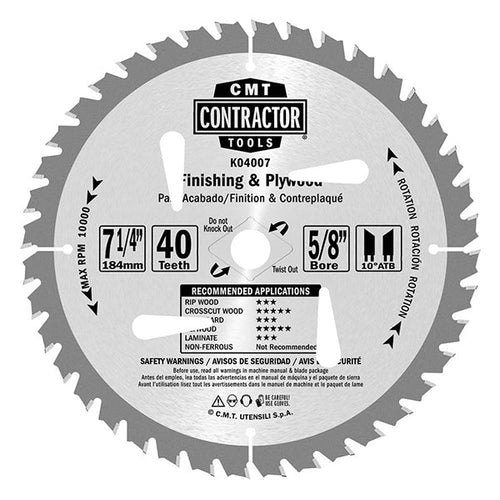 CMT Orange Tools ITK Contractor Finishing Circular Saw Blades 7-1/4 x 40 Teeth, 10 ATB with 5/8-Inch Bore