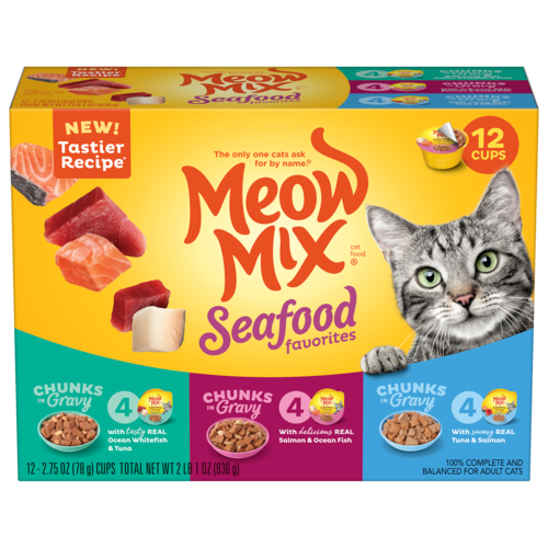 Meow Mix Chunks in Gravy Seafood Favorites Variety Pack