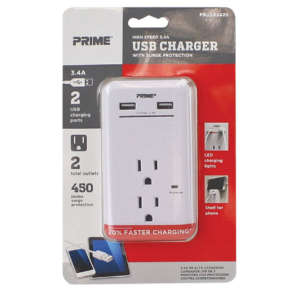 Prime Line 2-Outlet 450 Joule Surge Tap w/2-Port 3.4A USB Charger